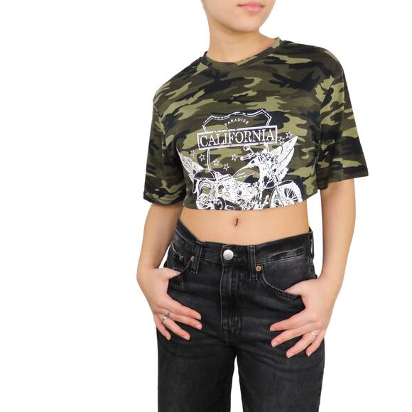 Shein Bikercore Camo Motorcycle Cropped Graphic Tee Crop Top XS - Picture 4 of 11